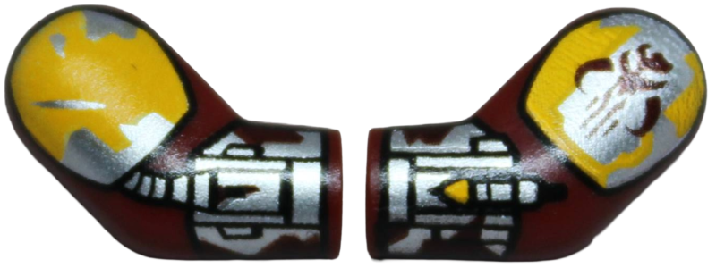 Arm, (Matching Left and Right) Pair with Bright Light Orange and Silver Shoulder Armor and Gauntlets, Hose, Rocket Launcher and Mandalorian Mythosaur Skull Pattern