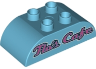 Duplo, Brick 2 x 4 Slope Curved Double with Dark Pink Script 'Flo's Cafe' Pattern