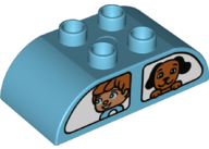 Duplo, Brick 2 x 4 Slope Curved Double with White Vehicle Windows with Boy and Dog / Girl and Cat Pattern