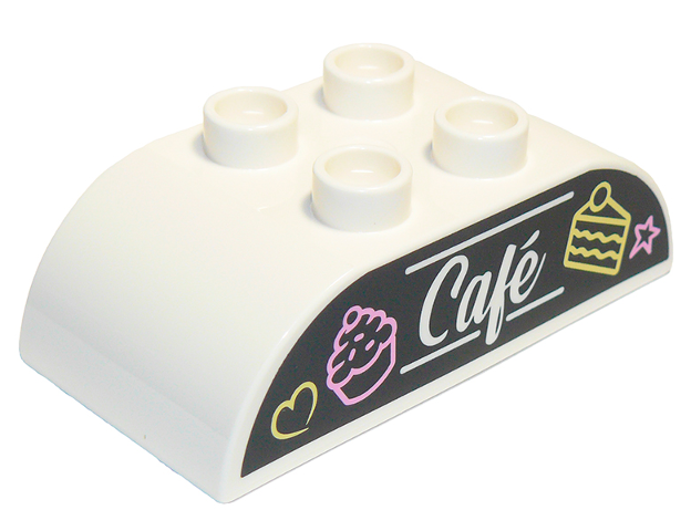 Duplo, Brick 2 x 4 Slope Curved Double with Script 'Café' (Cafe), Bright Light Yellow Cake and Heart, and Bright Pink Cupcake and Star on Black Background Pattern