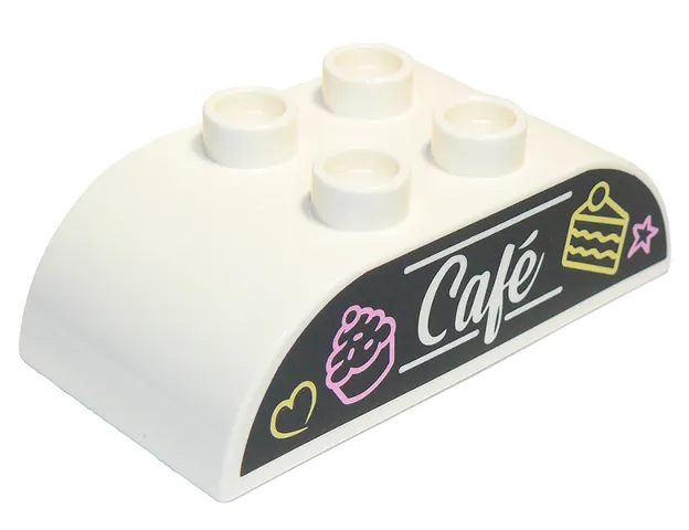 Duplo, Brick 2 x 4 Slope Curved Double with Script 'Café' (Cafe), Bright Light Yellow Cake and Heart, and Bright Pink Cupcake and Star on Black Background Pattern
