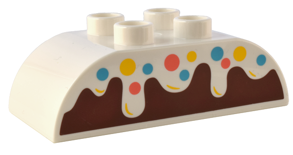 Duplo, Brick 2 x 4 Slope Curved Double with Frosting with Coral, Medium Azure, and Yellow Sprinkles over Reddish Brown Cake Pattern