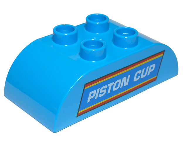 Duplo, Brick 2 x 4 Slope Curved Double with White 'PISTON CUP' on Blue, Red, and Yellow Striped Parallelogram Pattern