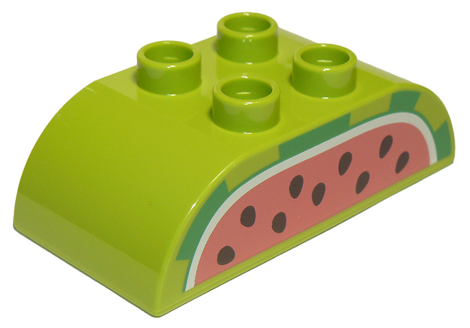 Duplo, Brick 2 x 4 Slope Curved Double with Black Seeds on Coral Background, Cut Watermelon Pattern
