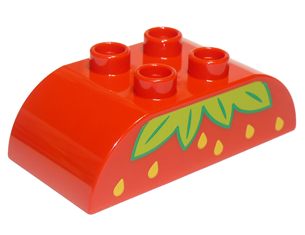 Duplo, Brick 2 x 4 Slope Curved Double with Lime Leaves and Yellow Seeds, Strawberry Pattern