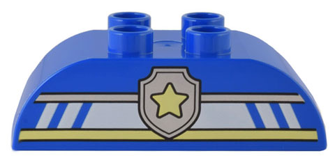 Duplo, Brick 2 x 4 Slope Curved Double with Silver, White, and Bright Light Yellow Lines and Police Star Badge Logo Pattern