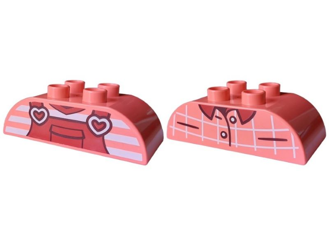 Duplo, Brick 2 x 4 Slope Curved Double with Dark Red Overalls over Striped T-Shirt with White Heart Shaped Buckles / Closed Shirt with Buttons and Collar Pattern