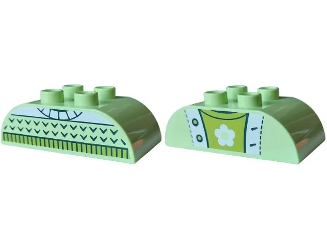 Duplo, Brick 2 x 4 Slope Curved Double with Knit Sweater with Lime Collar, White Top and Dark Green V / Open Jacket over T-Shirt with Flower Pattern
