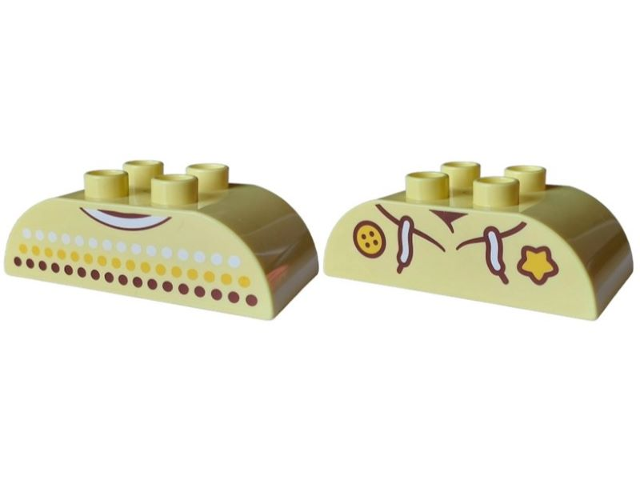 Duplo, Brick 2 x 4 Slope Curved Double with Reddish Brown, Bright Light Orange and White Dots and Collar / Hoodie with Laces, Button and Star Pattern