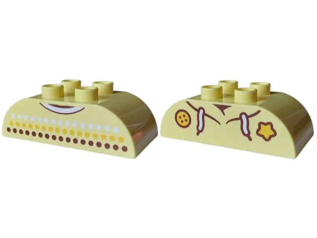 Duplo, Brick 2 x 4 Slope Curved Double with Reddish Brown, Bright Light Orange and White Dots and Collar / Hoodie with Laces, Button and Star Pattern