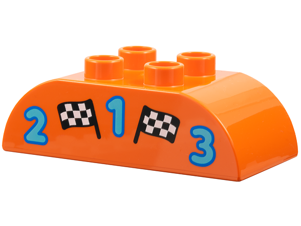 Duplo, Brick 2 x 4 Slope Curved Double with 2 Black and White Checkered Flags and Medium Azure Numbers 1, 2 and 3 Pattern