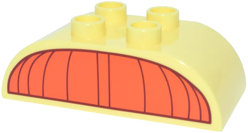 Duplo, Brick 2 x 4 Slope Curved Double with Reddish Orange and Dark Red Awning Pattern