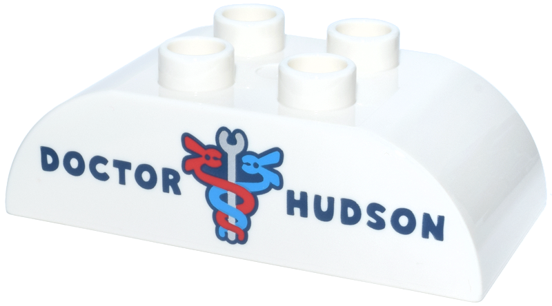 Duplo, Brick 2 x 4 Slope Curved Double with Dark Blue 'DOCTOR HUDSON' Silver Wrench and Red and Dark Azure Caduceus-Shaped Jumper Cables Pattern