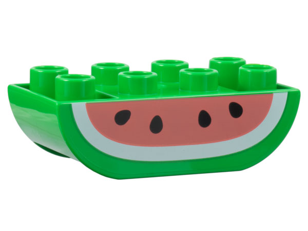 Duplo, Brick 2 x 4 Slope Curved Inverted Double with Coral and White Watermelon, Black Seeds Pattern