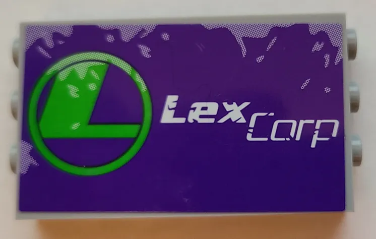 Panel 1 x 6 x 3 with Studs on Sides with White LexCorp and Green Logo on Dark Purple Background Pattern (Sticker) - Set 41238