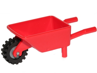 Minifigure, Utensil Wheelbarrow with Dark Bluish Gray Pulley Wheel with Black Tire 15mm D. x 6mm Offset Tread Small - Band Around Center of Tread (98288 / 3464c04)