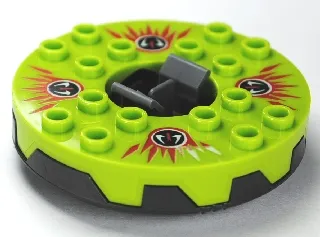 Turntable 6 x 6 x 1 1/3 Round Base Serrated with Lime Top and Red, White and Black Fangpyre Pattern (Ninjago Spinner)