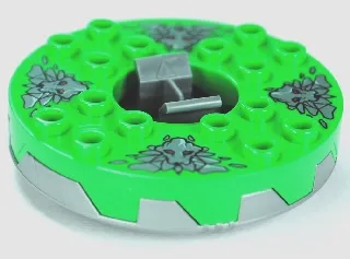 Turntable 6 x 6 x 1 1/3 Round Base Serrated with Bright Green Top and Dark Bluish Gray Stone Heads Pattern (Ninjago Spinner)