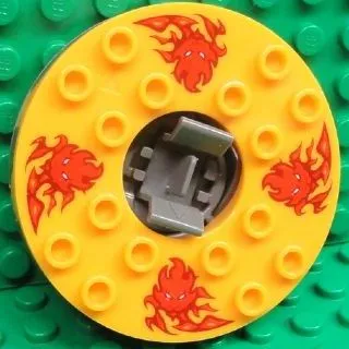 Turntable 6 x 6 x 1 1/3 Round Base Serrated with Bright Light Orange Top and Red Flames and Lion Heads Pattern (Ninjago Spinner)