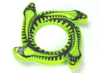 Ring 4 x 4 with 2 x 2 Hole and 4 Snake Head Ends and Black and Dark Green Scales Pattern (Ninjago Spinner Crown)