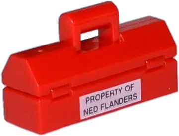 Minifigure, Utensil Toolbox with Black 'PROPERTY OF NED FLANDERS' on White Rectangle Pattern