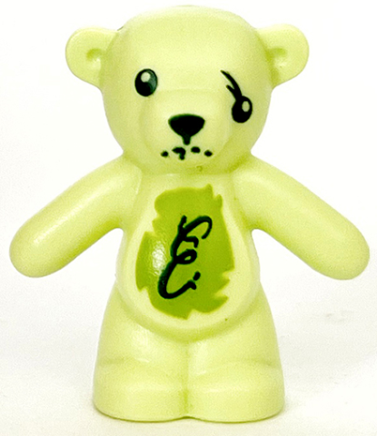 Teddy Bear with Dark Green Eyes, Nose and Mouth, Script Letter E on Lime Stomach, Damaged Eye Pattern