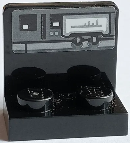Bracket 1 x 2 - 2 x 2 Inverted with Dark Bluish Gray and Black Control Panel with 2 Knobs and Large White Screen Pattern (Sticker) - Set 75178