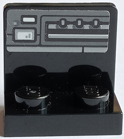 Bracket 1 x 2 - 2 x 2 Inverted with Dark Bluish Gray and Black Control Panel with Small White Screen and 3 Knobs Pattern (Sticker) - Set 75178