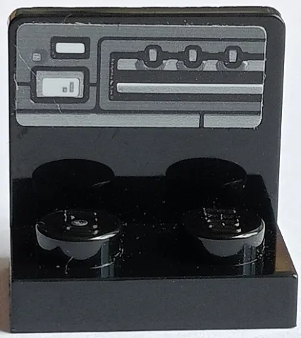 Bracket 1 x 2 - 2 x 2 Inverted with Dark Bluish Gray and Black Control Panel with Small White Screen and 3 Knobs Pattern (Sticker) - Set 75178