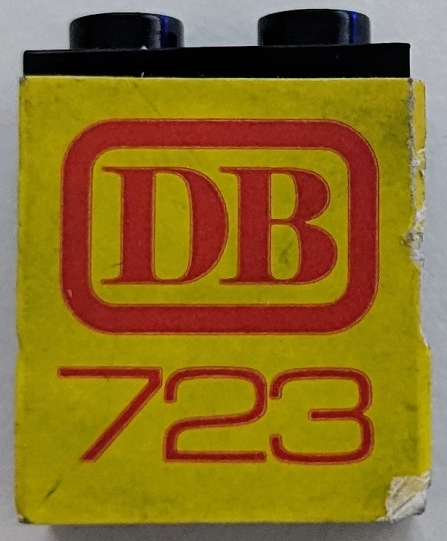 Stickered Assembly 2 x 1 x 2 with Red 'DB 723' on Yellow Background Pattern (Sticker) - Set 723-2 - 2 Brick 1 x 2