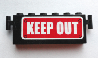 Stickered Assembly 6 x 1 x 2 with White 'KEEP OUT' on Red Sign Pattern (Sticker) - Set 4850 - 1 Brick 1 x 6, 1 Brick 1 x 4, 2 Brick Modified 1 x 1 with Handle