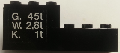 Stickered Assembly 6 x 2 x 2 with 'G. 45t', 'W. 2,8t', 'K. 1t' on Transparent Background Pattern Left (Sticker) - Set 7715 - 1 Brick 2 x 3, 1 Brick 1 x 6