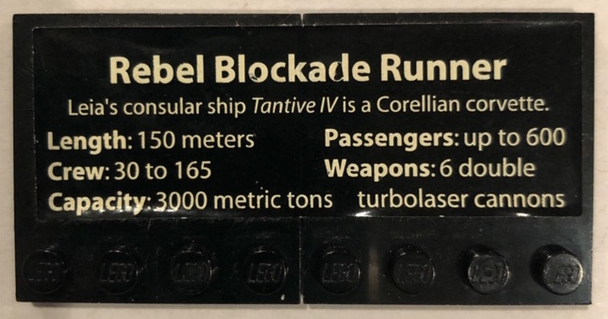 Stickered Assembly 8 x 4 with Rebel Blockade Runner Stats Pattern (Sticker) - Set 10019 - 2 Tile, Modified 4 x 4 with Studs on Edge