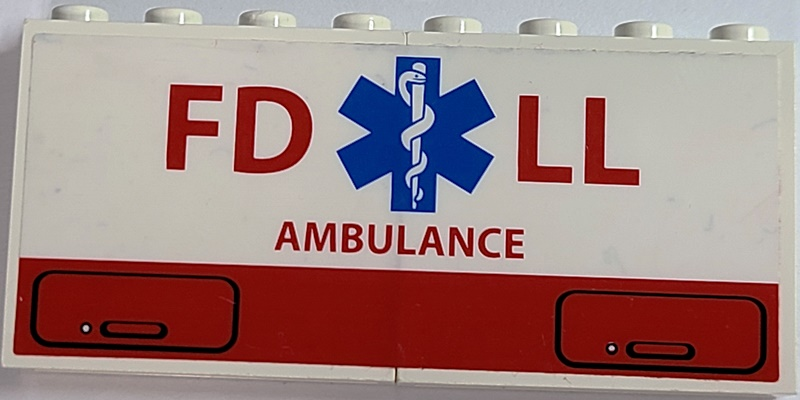 Stickered Assembly 8 x 1 x 3 with Red 'FD LL', 'AMBULANCE' and Blue EMT Star of Life Pattern (Sticker) - Set 4857 - 2 Panel 1 x 4 x 3 - Hollow Studs