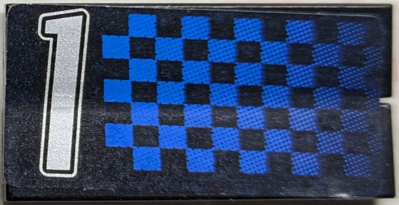 Stickered Assembly 4 x 2 with Silver Number 1 and Blue Checkered Pattern Model Right Side (Sticker) - Set 8458 - 2 Tile 1 x 4