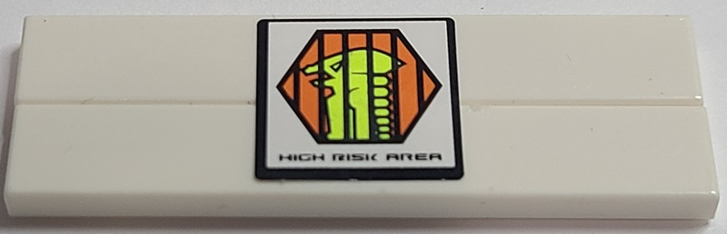 Stickered Assembly 6 x 2 with 'HIGH RISK AREA' and Orange Hexagon with Black Border and Alien Pattern (Sticker) - Set 7690 - 2 Tile 1 x 6