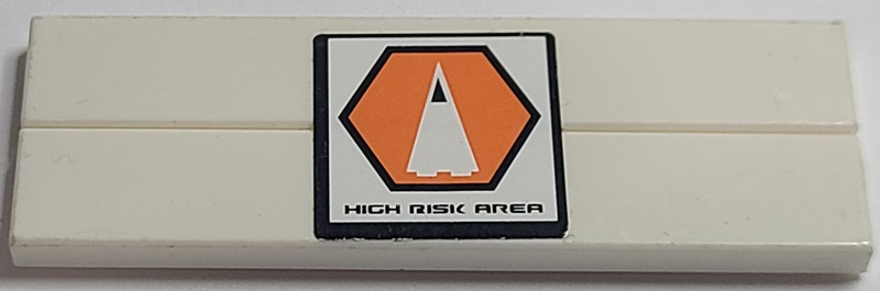 Stickered Assembly 6 x 2 with 'HIGH RISK AREA' and Orange Hexagon with Black Border and White Triangle Pattern (Sticker) - Set 7690 - 2 Tile 1 x 6