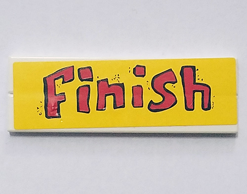 Stickered Assembly 6 x 2 with Red 'Finish' on Yellow Background Pattern (Sticker) - Set 4982 - 2 Tile 1 x 6