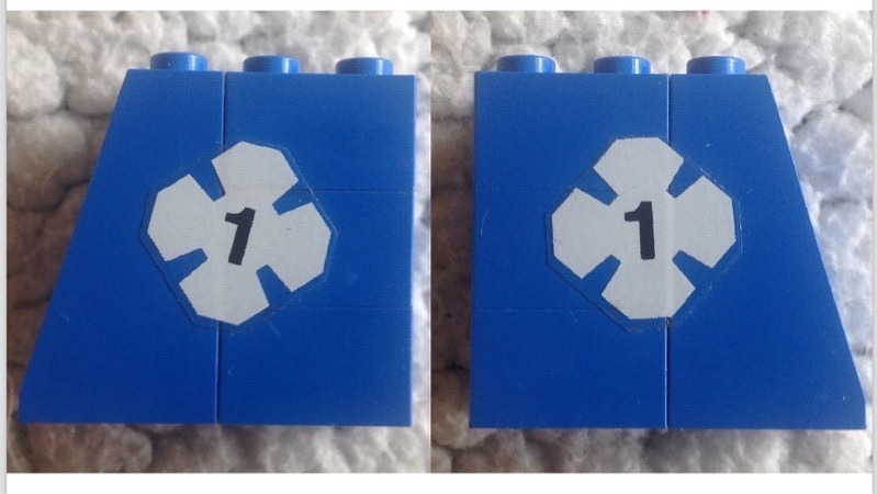 Stickered Assembly 4 x 2 x 3 with White Lucky Clover and Black Number 1 Pattern on Both Sides (Stickers) - Sets 316-1 / 775 - 1 Slope 75 2 x 2, 3 Brick 2 x 2