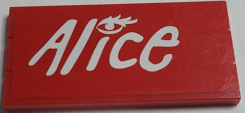 Stickered Assembly 6 x 3 with White 'Alice' Logo and Eye with Eyelashes on Red Background Pattern Model Right Side (Sticker) - Set 8157 - 3 Tile 1 x 6