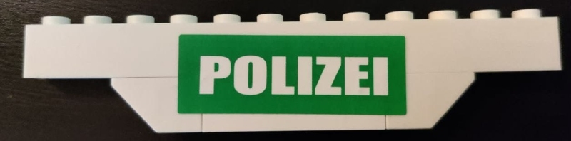 Stickered Assembly 12 x 1 x 2 with White 'POLIZEI' on Green Background Pattern (Sticker) - Set 7245 - 1 Brick 1 x 12, 1 Brick 1 x 4, 2 Slope, Inverted 45 2 x 1