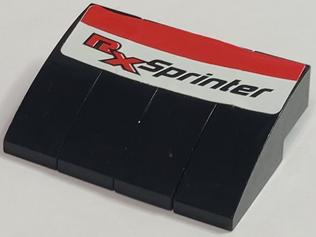 Stickered Assembly 4 x 3 x 1 with Red and Black 'RX Sprinter' on White and Red Background Pattern (Sticker) - Set 8655 - 4 Slope, Curved 3 x 1
