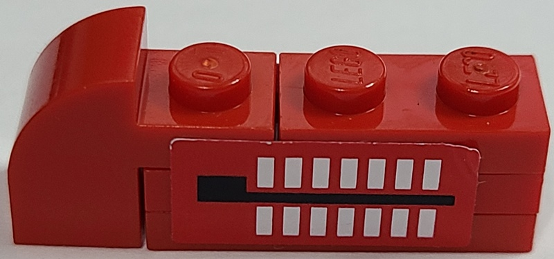 Stickered Assembly 4 x 1 x 1 1/3 with White Rectangles and Black Line On Red Background Pattern Model Left Side (Sticker) - Set 2556 - 1 Plate 1 x 2, 2 Plate 1 x 3, 1 Slope, Curved 2 x 1 x 1 1/3 with Recessed Stud