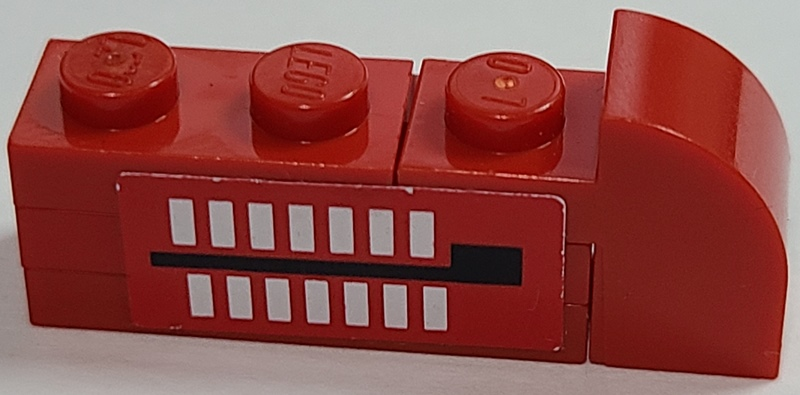 Stickered Assembly 4 x 1 x 1 1/3 with White Rectangles and Black Line On Red Background Pattern Model Right Side (Sticker) - Set 2556 - 1 Plate 1 x 2, 2 Plate 1 x 3, 1 Slope, Curved 2 x 1 x 1 1/3 with Recessed Stud