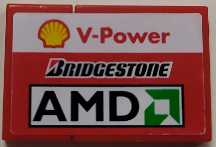 Stickered Assembly 3 x 2 with Shell 'V-Power', Bridgestone and AMD Logo Pattern Model Left Side (Sticker) - Set 8142-2 - 1 Tile 1 x 2, 1 Tile 2 x 2