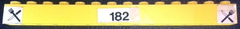 Stickered Assembly 14 x 1 x 1 with Black Knife, Fork and Number 182 on White Background Pattern (Stickers) - Set 182 - 1 Brick 1 x 6, 1 Brick 1 x 8