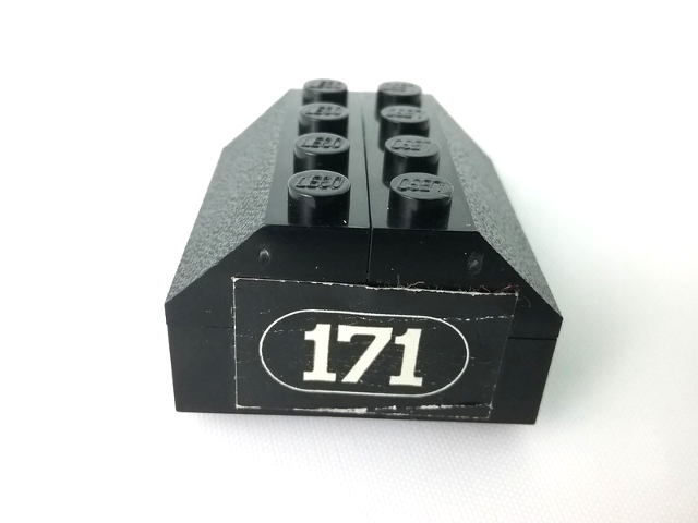 Stickered Assembly 4 x 4 x 2 with White '171' with Border on Black Background Pattern (Sticker) - Set 171 - 1 Brick 1 x 4, 2 Slope 45 2 x 4