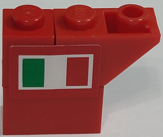 Stickered Assembly 3 x 1 x 2 with Italian Flag on Red Background Pattern Model Left Side (Sticker) - Set 8157 - 1 Brick 1 x 1, 1 Brick 1 x 2, 1 Slope, Inverted 45 2 x 1