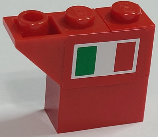 Stickered Assembly 3 x 1 x 2 with Italian Flag on Red Background Pattern Model Right Side (Sticker) - Set 8157 - 1 Brick 1 x 1, 1 Brick 1 x 2, 1 Slope, Inverted 45 2 x 1