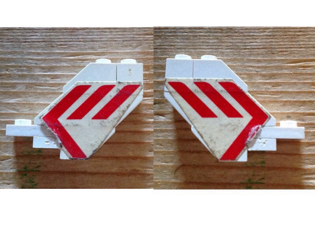 Stickered Assembly 5 x 1 x 3 with Red Martinair Logo Pattern on Both Sides (Stickers) - Set 1610-2 - 1 Plate 1 x 1, 1 Plate 1 x 2, 1 Brick 1 x 1, 2 Slope 45 2 x 1 without Bottom Tube, 2 Slope, Inverted 45 2 x 1